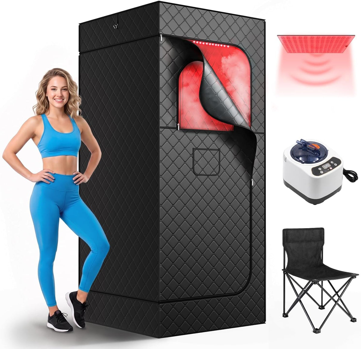 Sauneras Infrared Sauna Box with 660nm Red Light Therapy & 850nm Infrared Light Panel, 3L Steamer, 9 Temp Levels & 99 Min Timer, 5-Layer Waterproof Insulated, Folding Chair, Personal Sauna for Home(Black) - Portable Home Spa