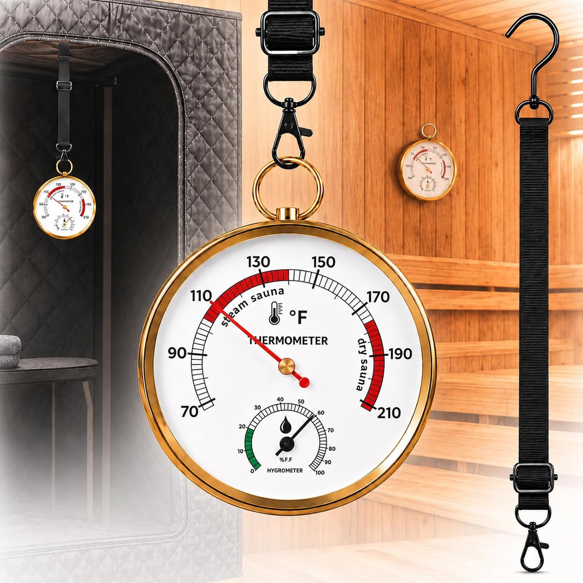 Sauneras Sauna Thermometer Fahrenheit and Hygrometer with Lanyard Mount - Portable Home Spa