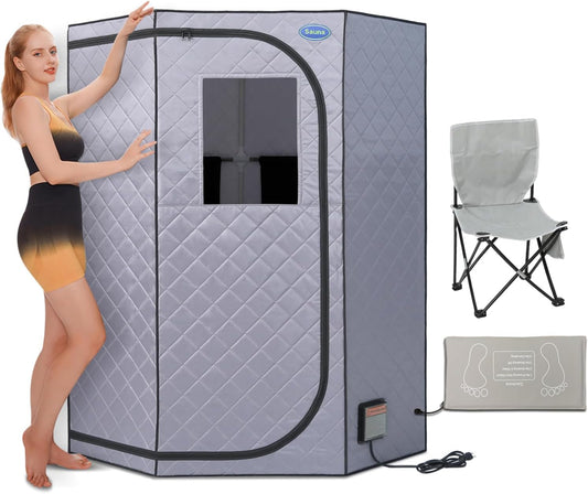 Sauneras Portable Full Size Infrared Sauna for Home,Pentagonal Size Far Infrared Sauna,One Person Sauna Tent with Heating Foot Pad, Portable Chair, (L38 x W38 x H63, Grey) - Portable Home Spa