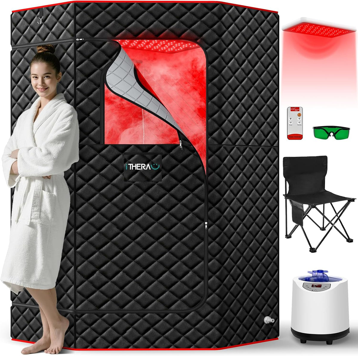 Sauneras XL Infrared Sauna Box with True 660 & 850nm Red Light Therapy Lamp, Portable Red Light Sauna for Home, Full Body Steam Tent with 3L 1200w Steamer, 15 Levels Heat, Chair, Remote, 90 Min Timer - Portable Home Spa