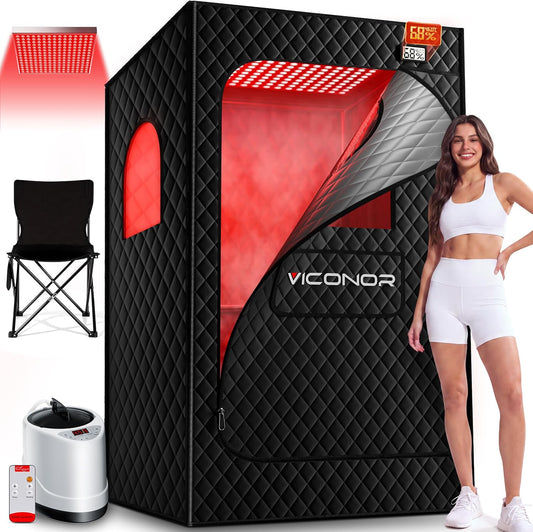 Sauneras Infrared Sauna Box, Portable Steam Infrared Sauna with Red Light Therapy for Body, Sauna Tent with 660nm & 850nm Infrared Red Light Therapy Lamp, 3L/1200W Steamer, 9 Levels Heat, Timer, Folding Chair - Portable Home Spa