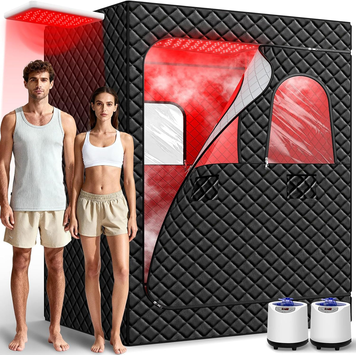Sauneras 2 Person Infrared Sauna Box for Home, Portable Steam Sauna Room with 660nm＆850nm Red Light Therapy Lamp, 5-Layer Waterproof, 2 Steamers, 2 Folding Chair - Portable Home Spa